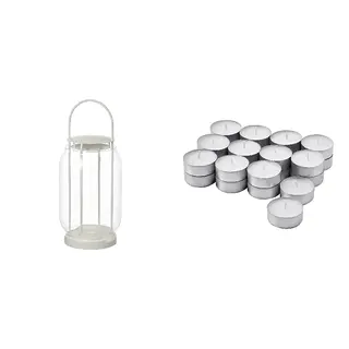 GLIMMA/TOFSAND set: lantern for pillar candle, in/out + unscented tealight, white, 44 cm