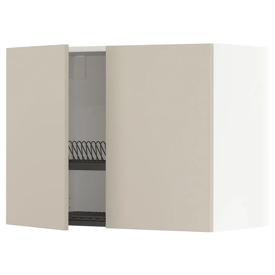 Beige kitchen cabinet, METOD system with adjustable shelf. Open door revealing inside.