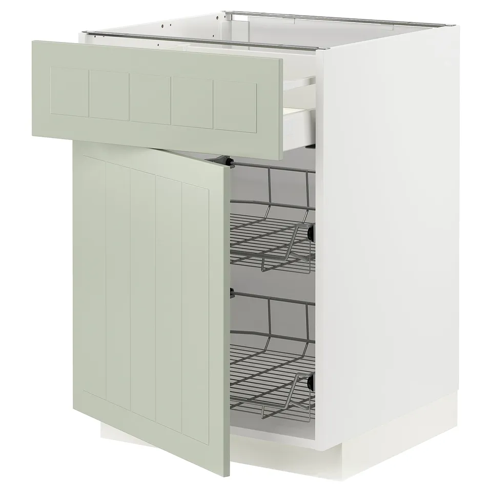 METOD kitchen unit with green, wide drawers and sturdy wire baskets.