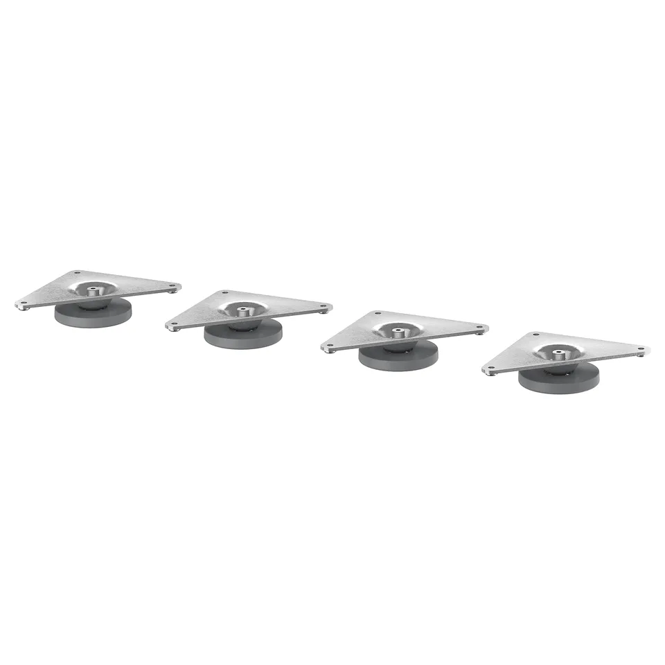 Four EKET adjustable feet in silver with rubber bases, designed to stabilise furniture on uneven floors.
