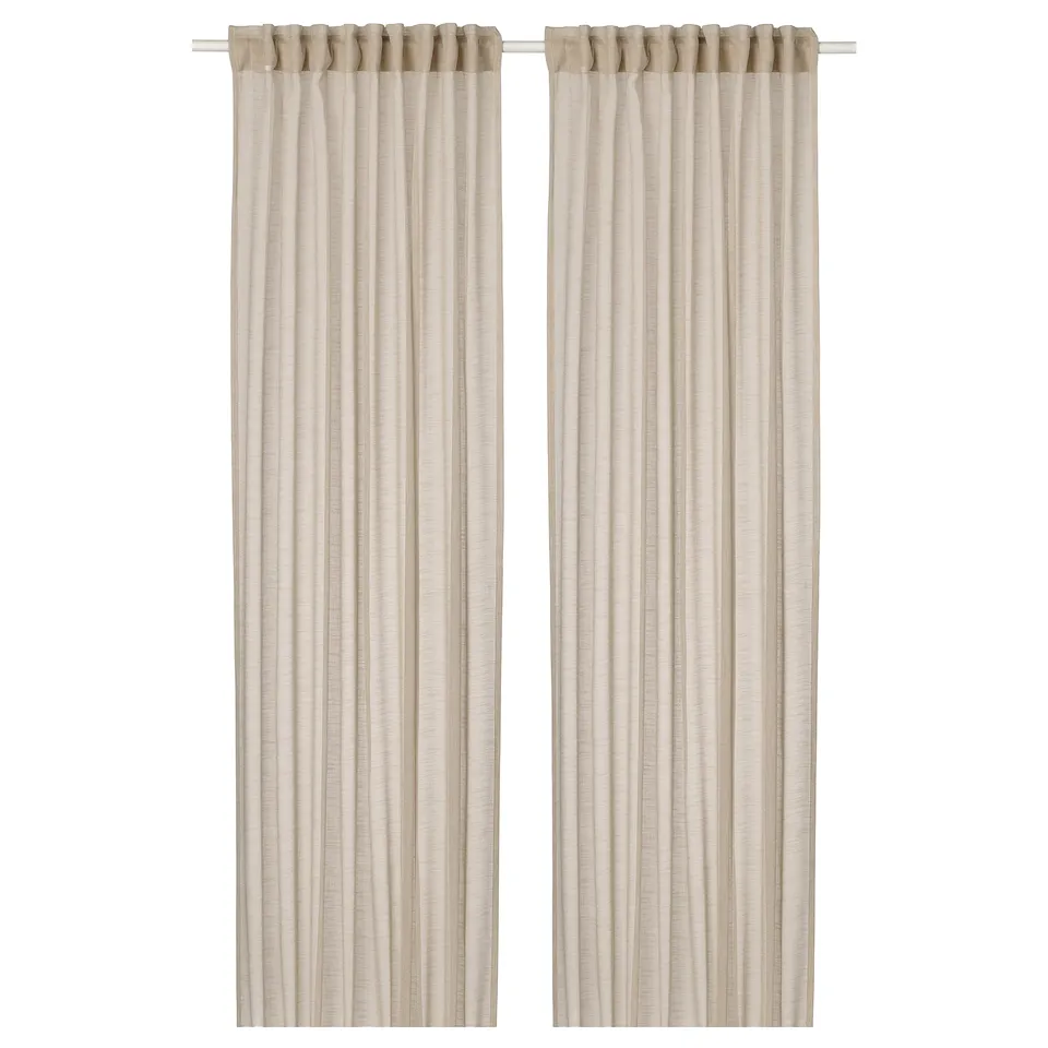 Two light beige HÄLLEBRÄCKA sheer curtains with rod pocket design. Material: 100% polyester, hanging straight.