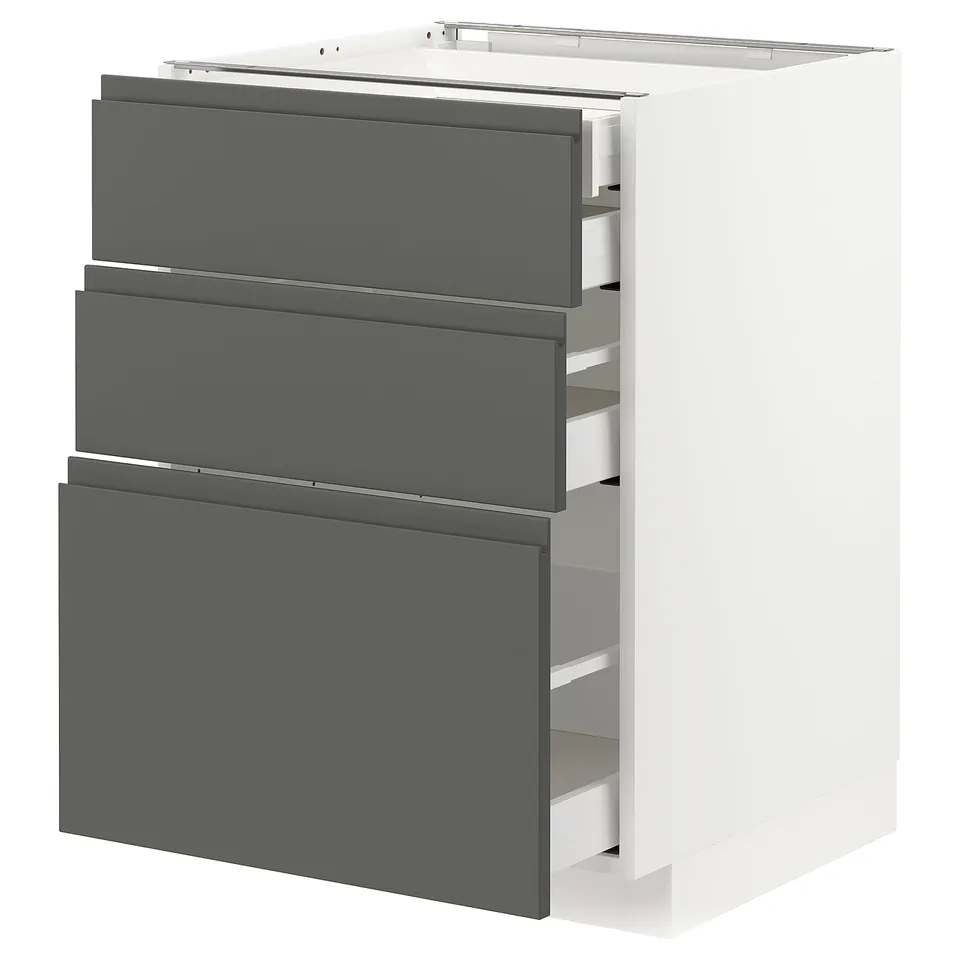 Modern dark grey METOD kitchen unit with three drawers.