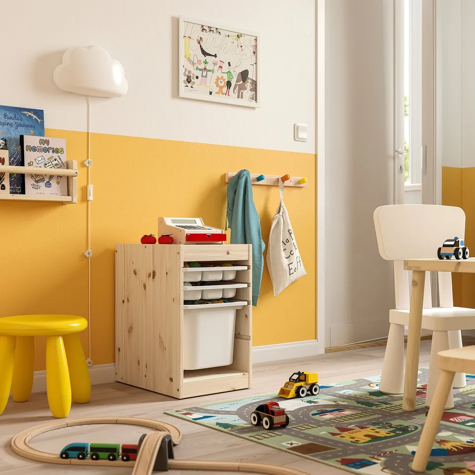 Childrens playroom with yellow TROFAST storage, wooden toys, and bright decor.