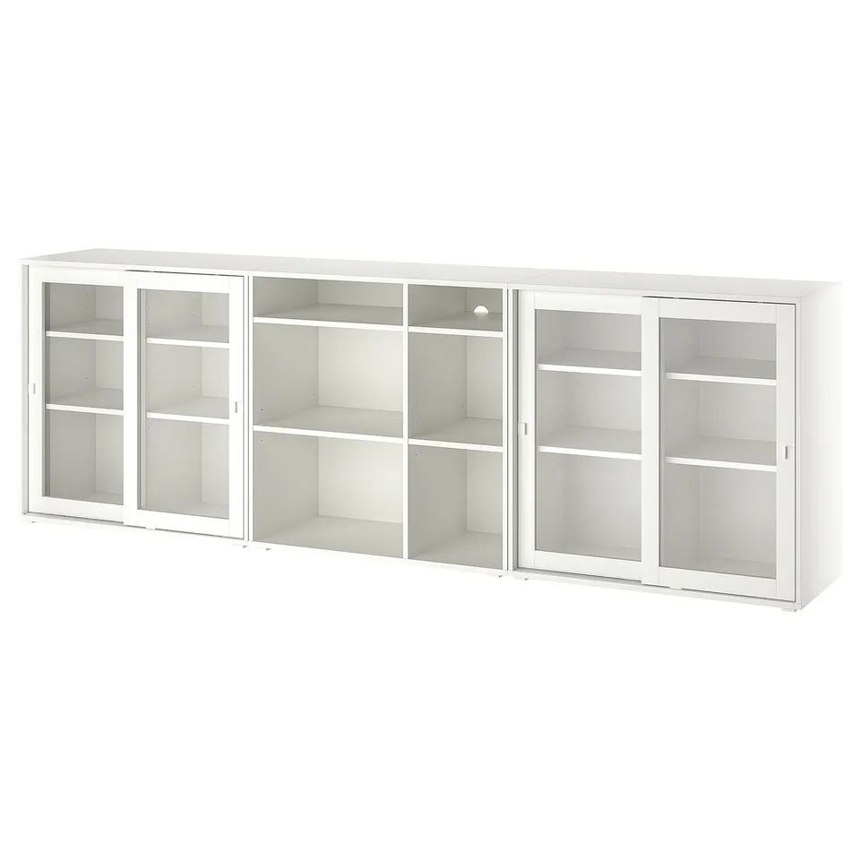 White wall-mounted storage unit with glass doors and shelves, modern and minimalist design.
