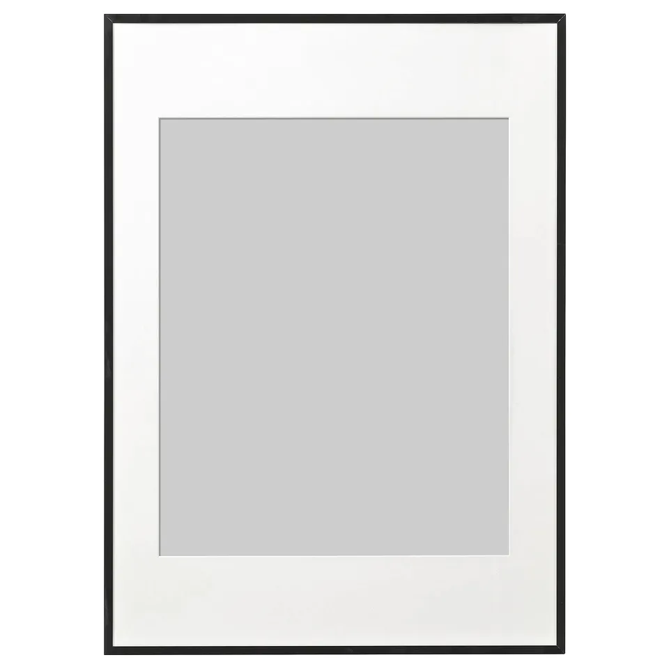 Black LOMVIKEN picture frame, rectangular, simple design, with grey mat, aluminium material.
