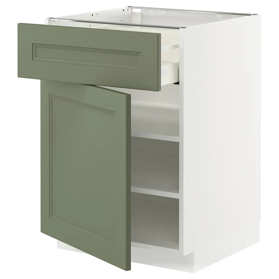 A kitchen cabinet named METOD with grey-green axstad fronts, featuring a drawer and adjustable shelves, in a modern minimalist design.