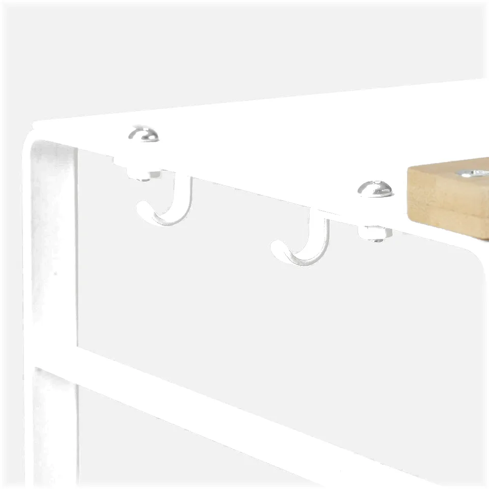 White metal shelf with hooks. Quality design, white finish, sturdy construction. Knife holder and hooks for storage.