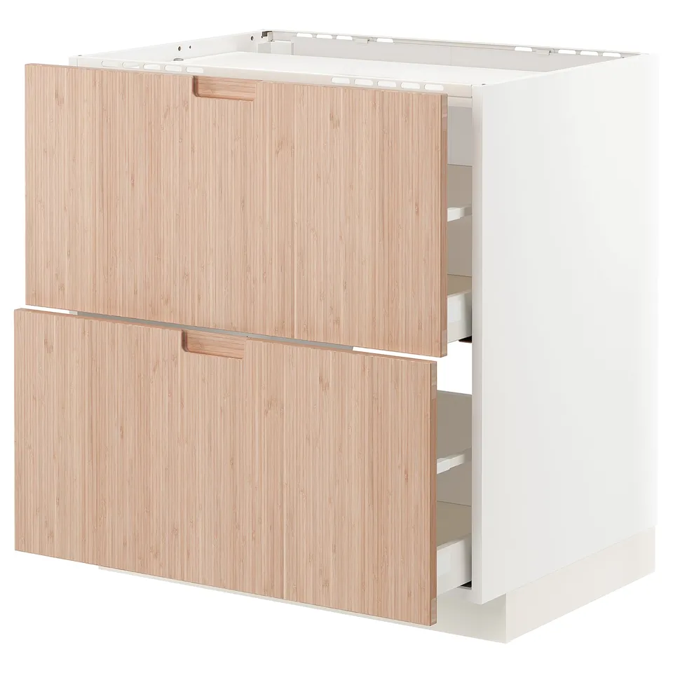 Modern light-colored wooden kitchen cabinet with two doors and multiple drawers, sleek handles, and a clean design.