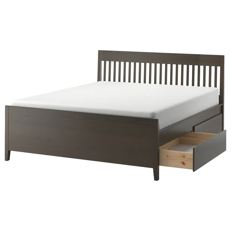 IDANÄS dark brown bed with storage drawers and slatted headboard.