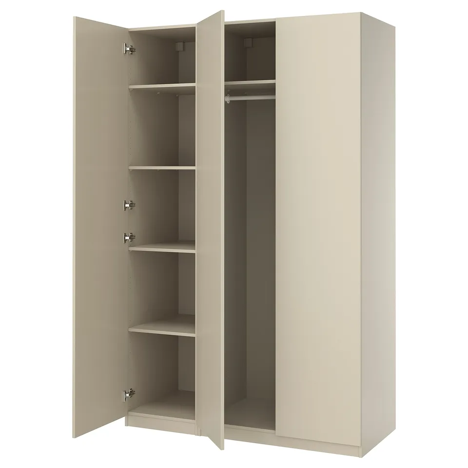 PAX wardrobe, beige, tall, 2 doors, 4 shelves, hinges, clothes rail, slim design.