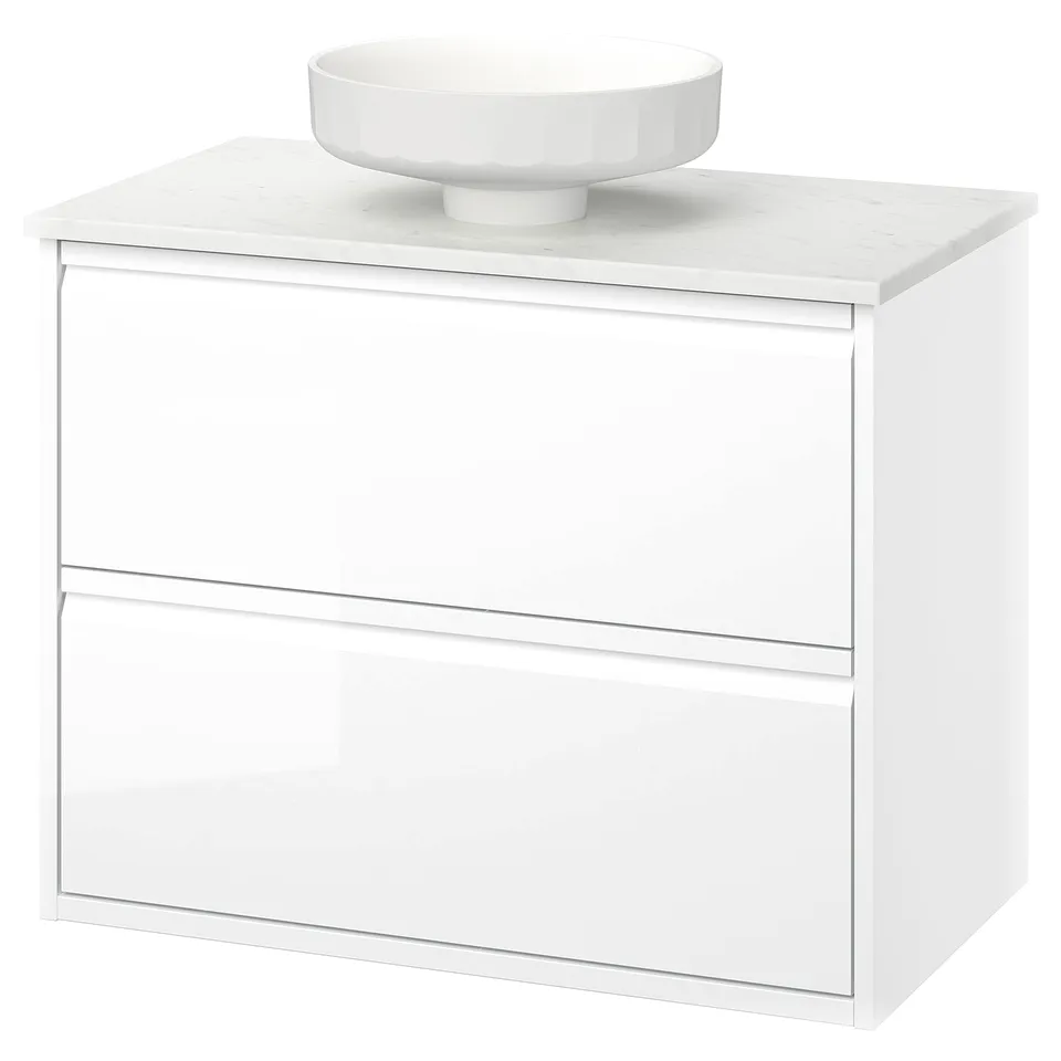 ÄNGSJÖN white bathroom vanity, glossy drawer, marble top, bowl basin, wall-mount.