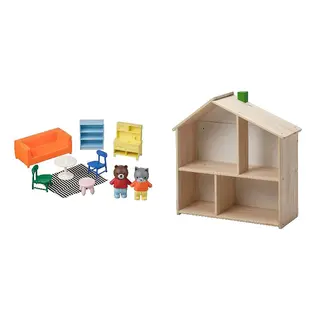 FLISAT/HUSET set: dollhouse furniture and figures + doll's house/wall shelf, living room/kitchen multicolour