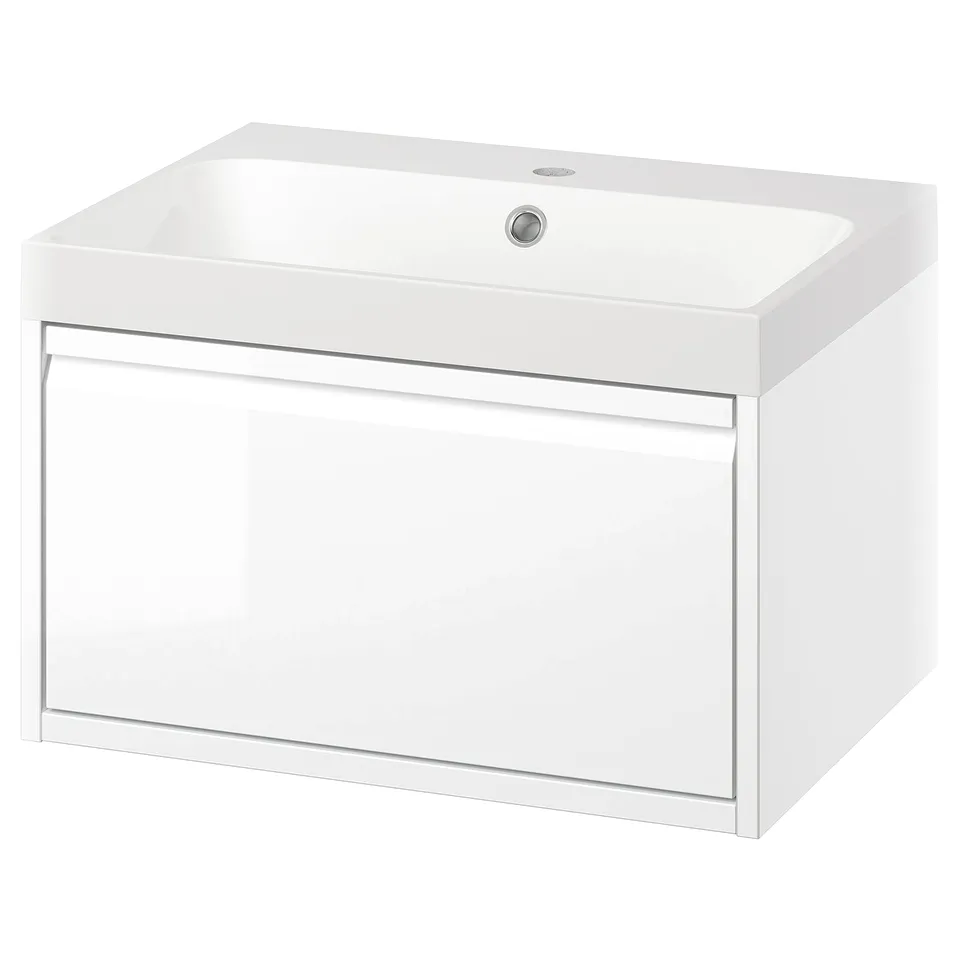 Modern white wall-mounted bathroom vanity with single drawer and integrated handles. Sleek, minimal design with rectangular shape and sharp edges.