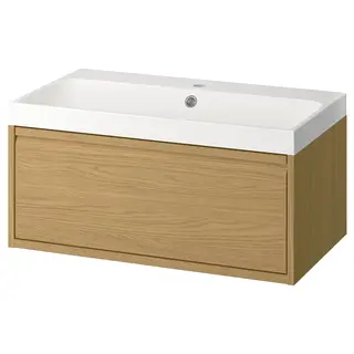 ÄNGSJÖN / BACKSJÖN wash-stnd w drawer/wash-basin, oak effect, 80x48x39 cm