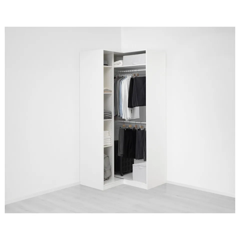 Minimalist wardrobe with white interior, adjustable feet, soft-close hinges, assemble required.