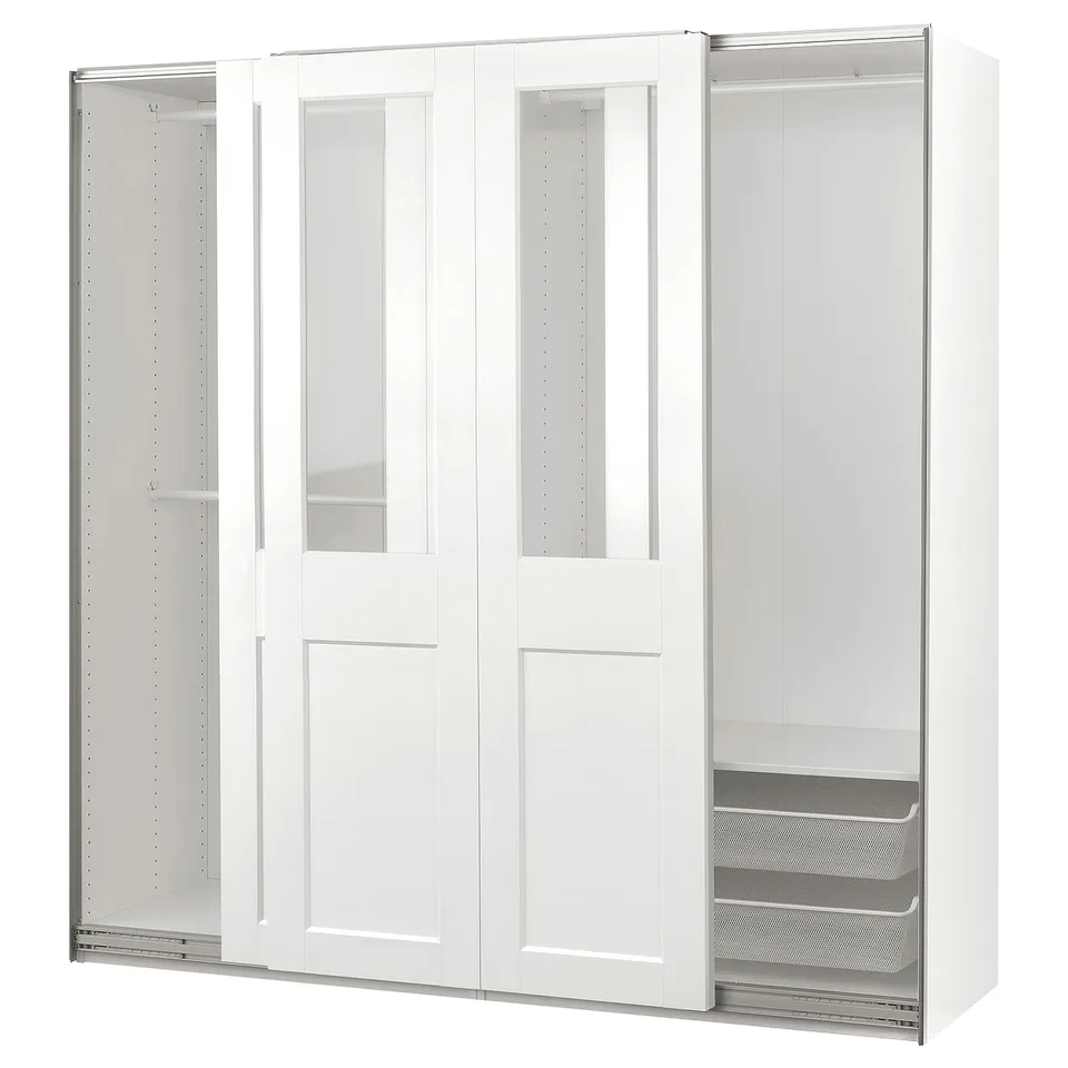 White PAX wardrobe with glass sliding doors, modern design, includes mesh basket, adjustable feet, soft-close doors.