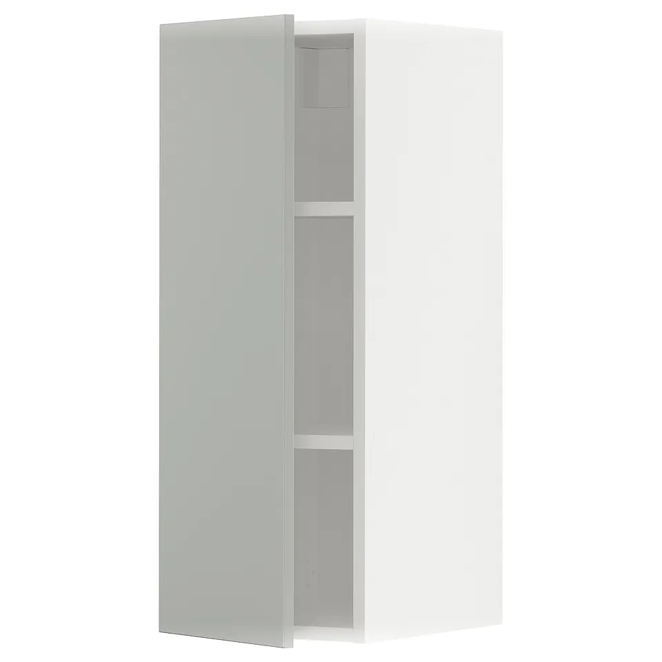 A white METOD kitchen cabinet with two shelves. The cabinet is modern, rectangular, and has a sleek, clean design with light grey interiors.