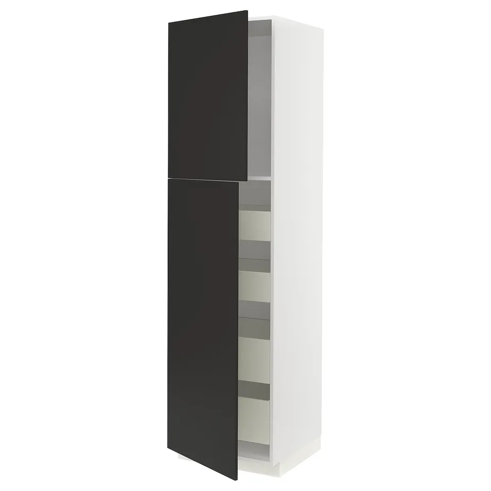 Modern black and white kitchen cabinet with sleek design and multiple shelves.