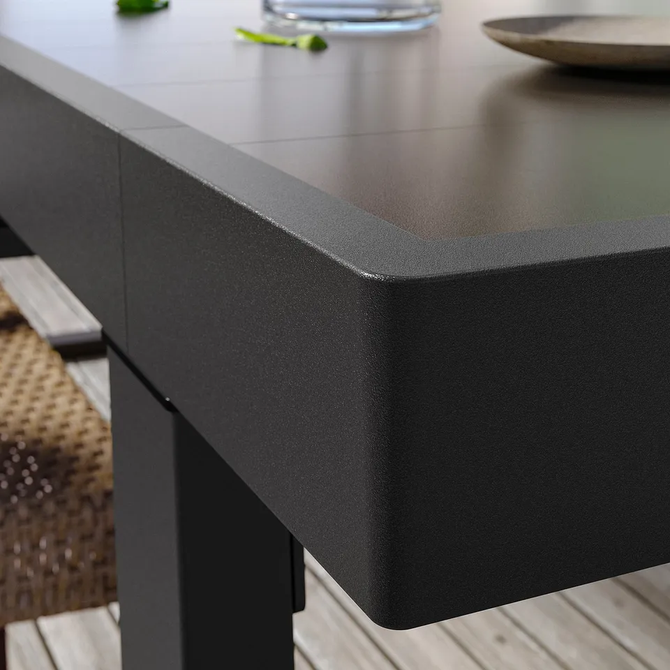 Black steel outdoor table, modern.