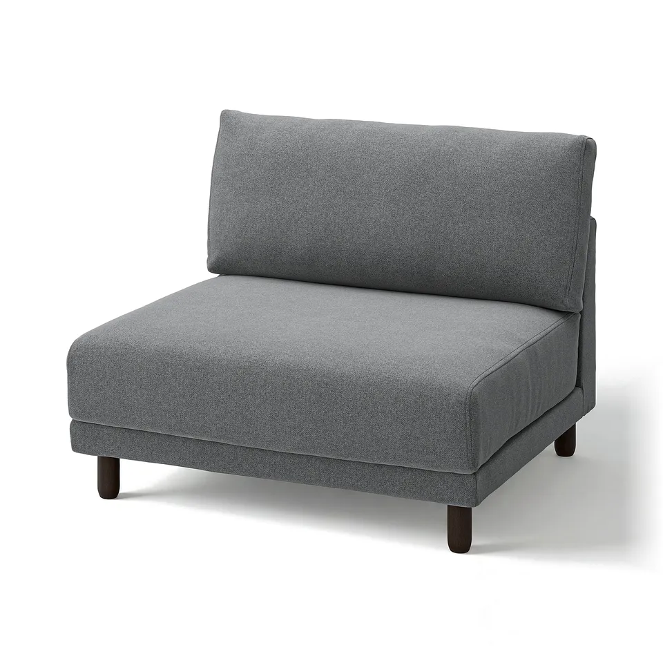 Single grey fabric armchair, wooden legs, modern design.