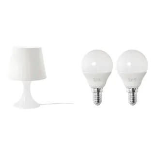 LAMPAN/SOLHETTA set: table lamp + LED bulb E14 470 lumen, white + globe opal white, 29 cm
