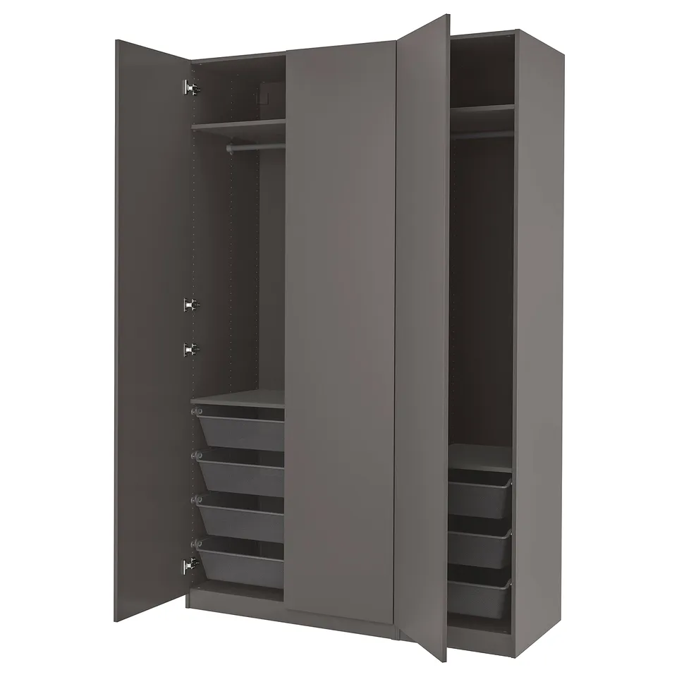 PAX grey wardrobe, open; metal mesh drawers, hanging rod.