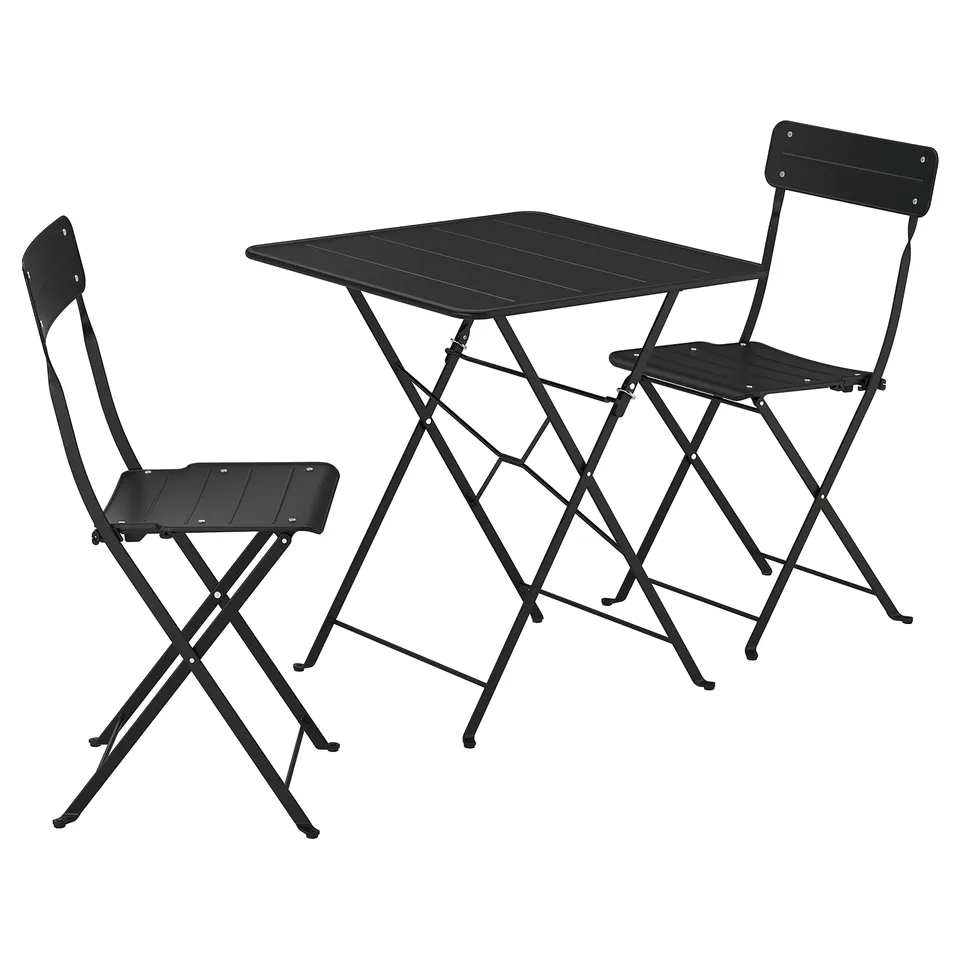 Black SUNDSÖ foldable outdoor table and 2 chairs, ideal for small spaces, durable steel.