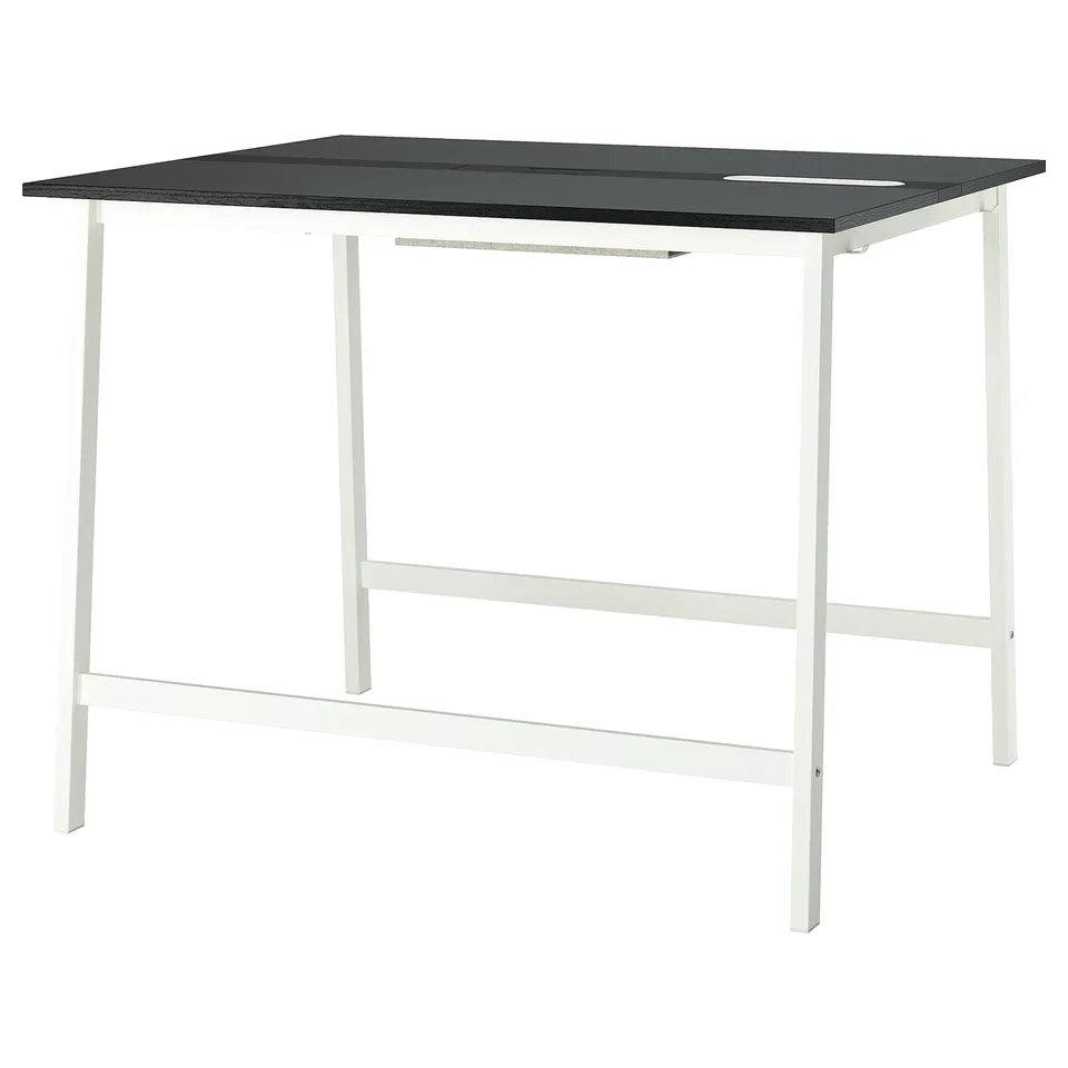 A MITTZON conference table with a black top and white metal legs, rectangular shape and minimalist design.