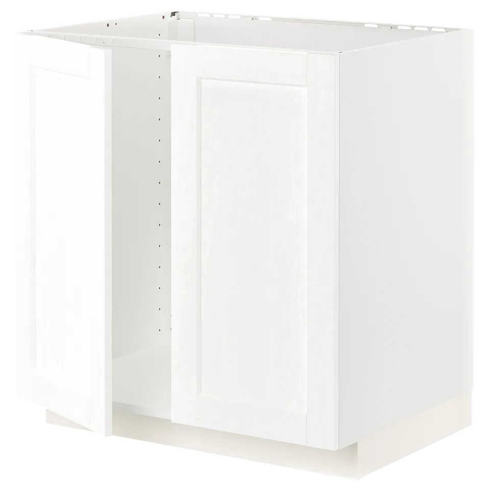 White METOD kitchen cabinet, rectangular, wooden grain, snap hinges.
