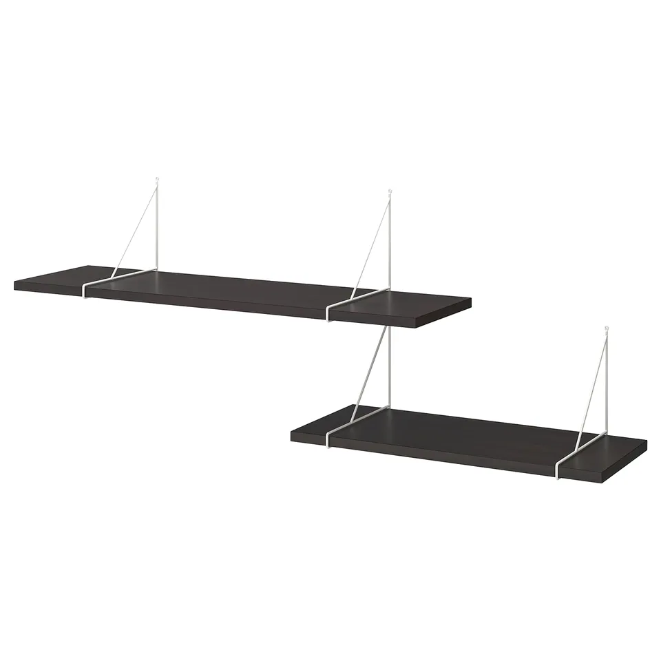 Two modern dark shelves with white metal brackets, wall-mounted in a row.