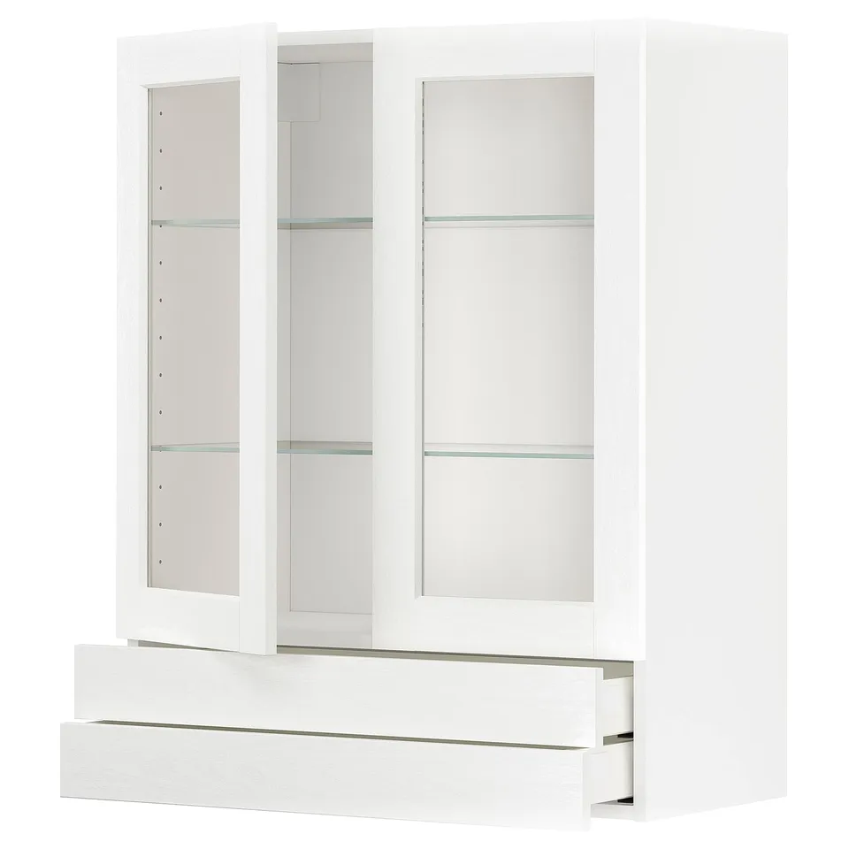 White METOD kitchen unit with glass doors and drawers, minimalist design, smooth edges.