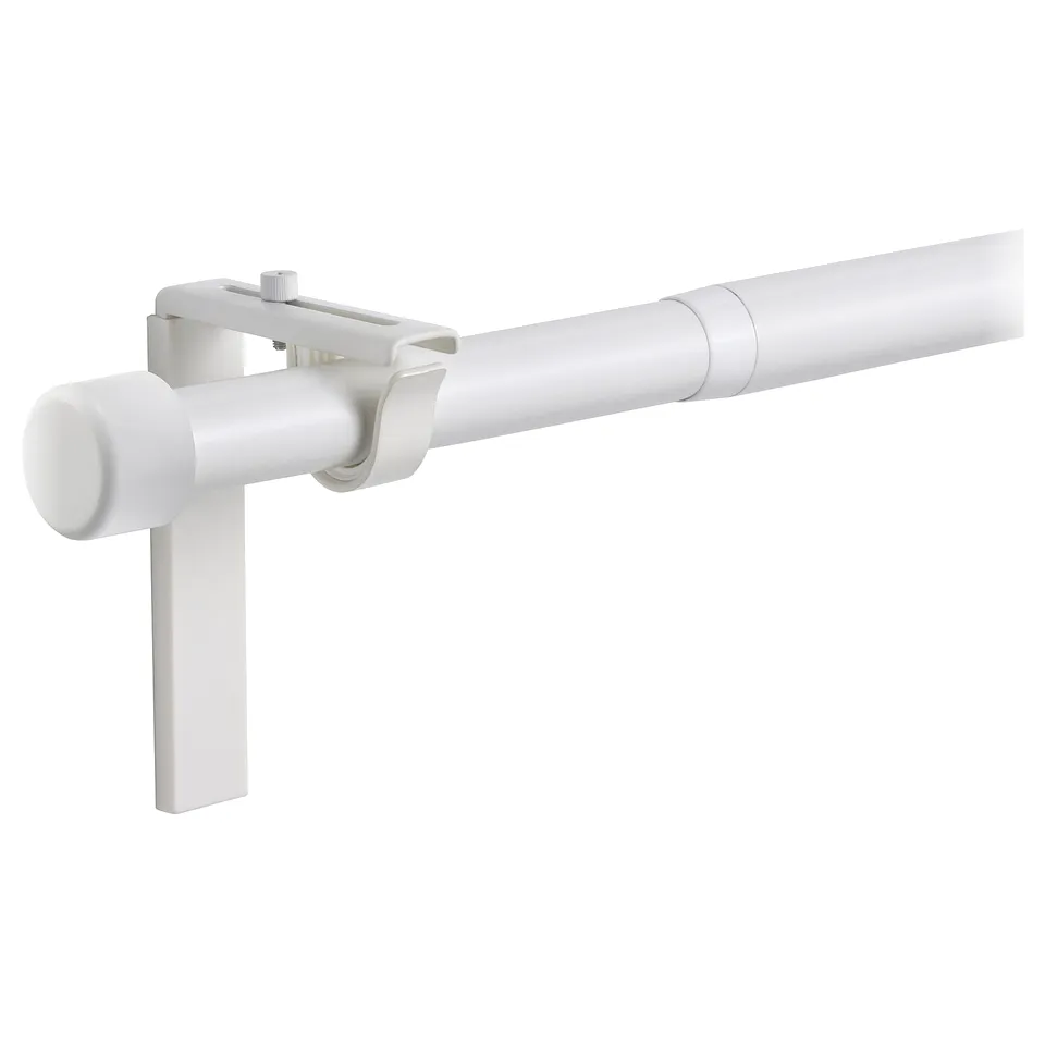 A white HUGAD curtain rod set, including a long rod, two finials, and four mounting brackets. It is designed for easy wall or ceiling installation.