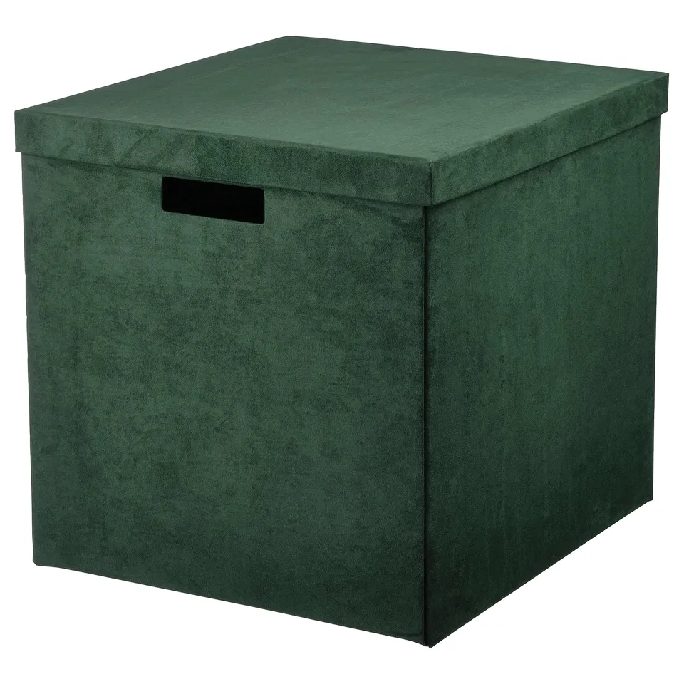 GJÄTTA Storage box with lid, velvet dark green, 32x35x32 cm