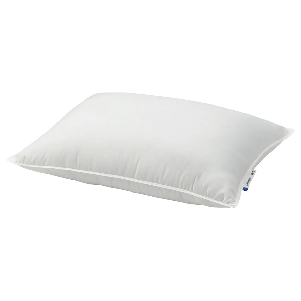 White SMÅSPORRE pillow, soft & firm, recycled materials.
