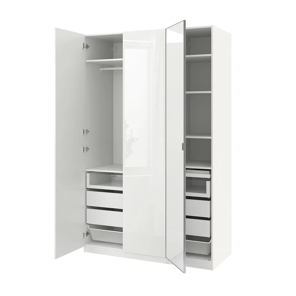 A white, modern wardrobe with mirrored doors, featuring drawers and shelves inside.