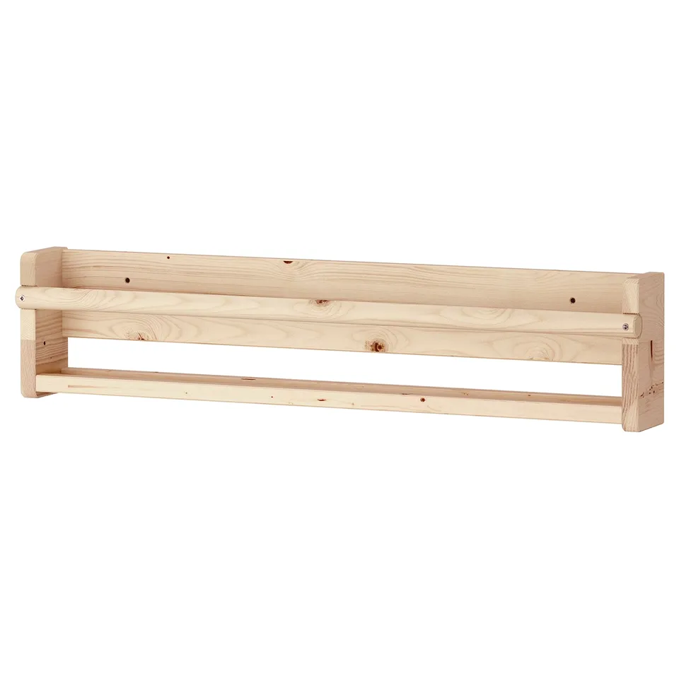 Wooden wall shelf FLISAT, child-friendly, solid pine, open storage for books/toys.
