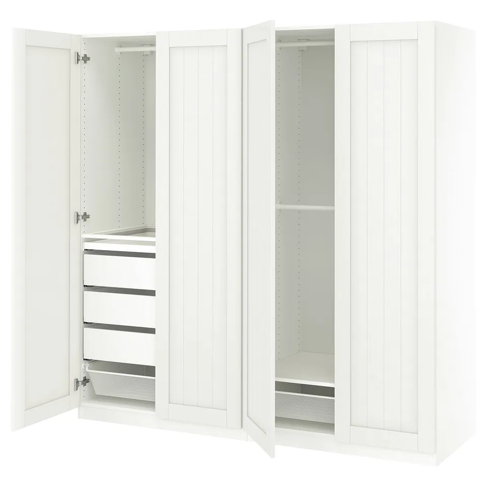 White ikea PAX wardrobe with open doors, shelves, and drawers.