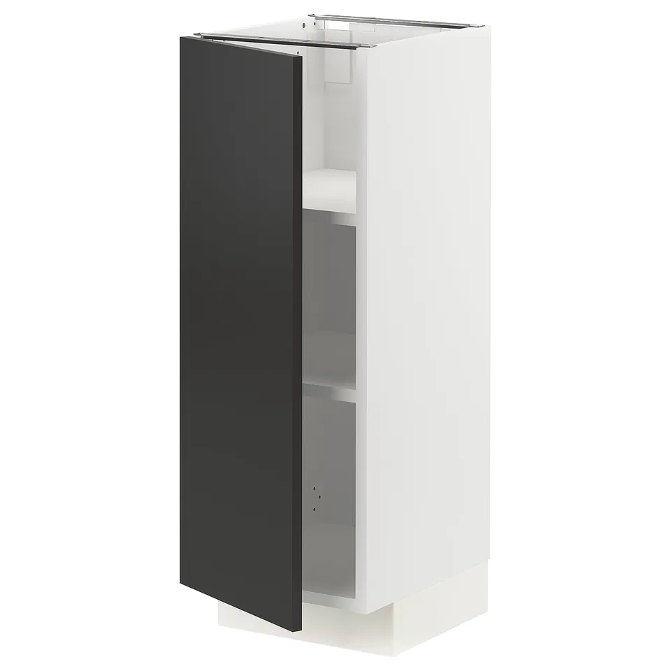 METOD white kitchen cabinet with black door, adjustable shelves.
