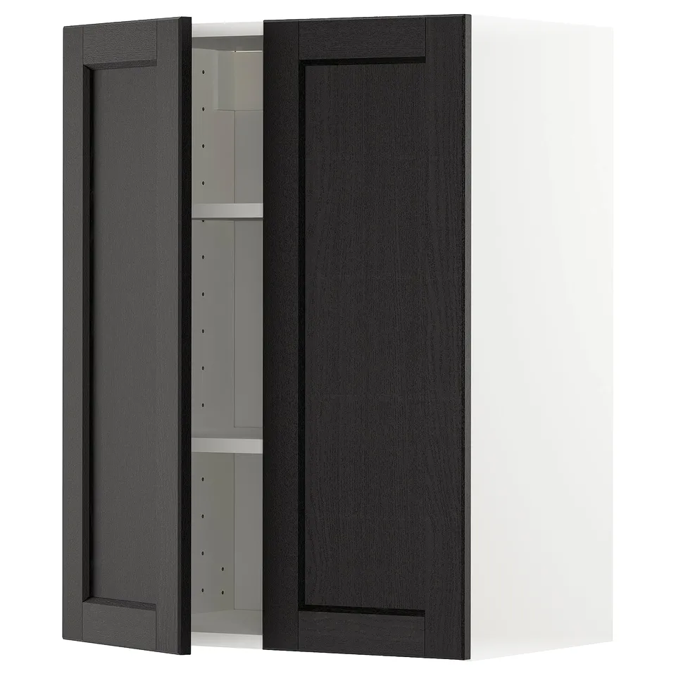 A METOD wall cabinet in black with a traditional design, featuring a bevelled edge door and an adjustable shelf.