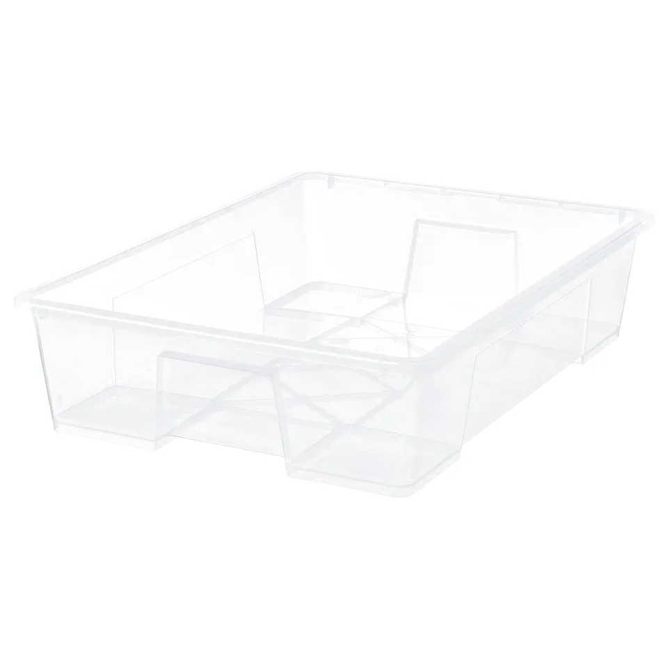 Clear plastic SAMLA box, square shape, transparent, sturdy, no lid.