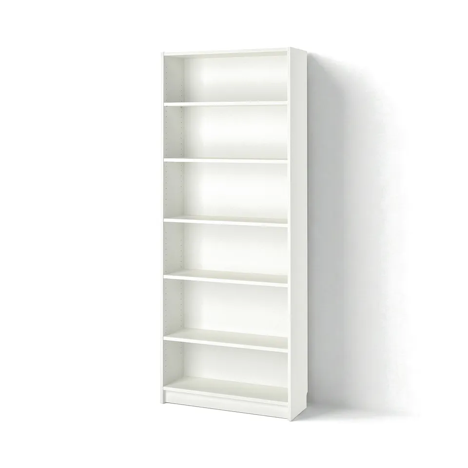 A tall, white, five-shelf BILLY bookcase. Minimalist design with adjustable shelves. Easy to assemble.