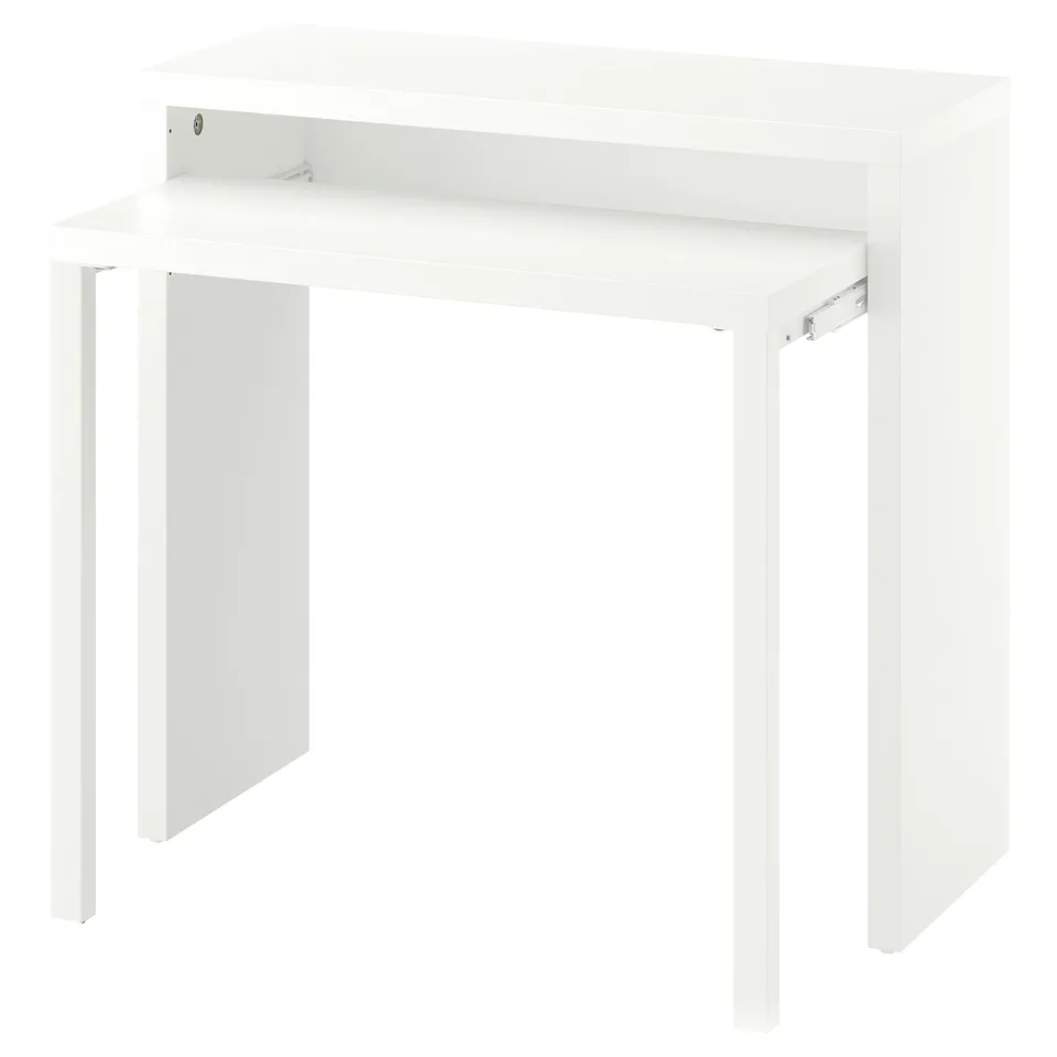 A white LÄNGDHOPP extendable desk. Its a compact, modern design with smooth glossy surfaces and a pull-out mechanism for extra space.