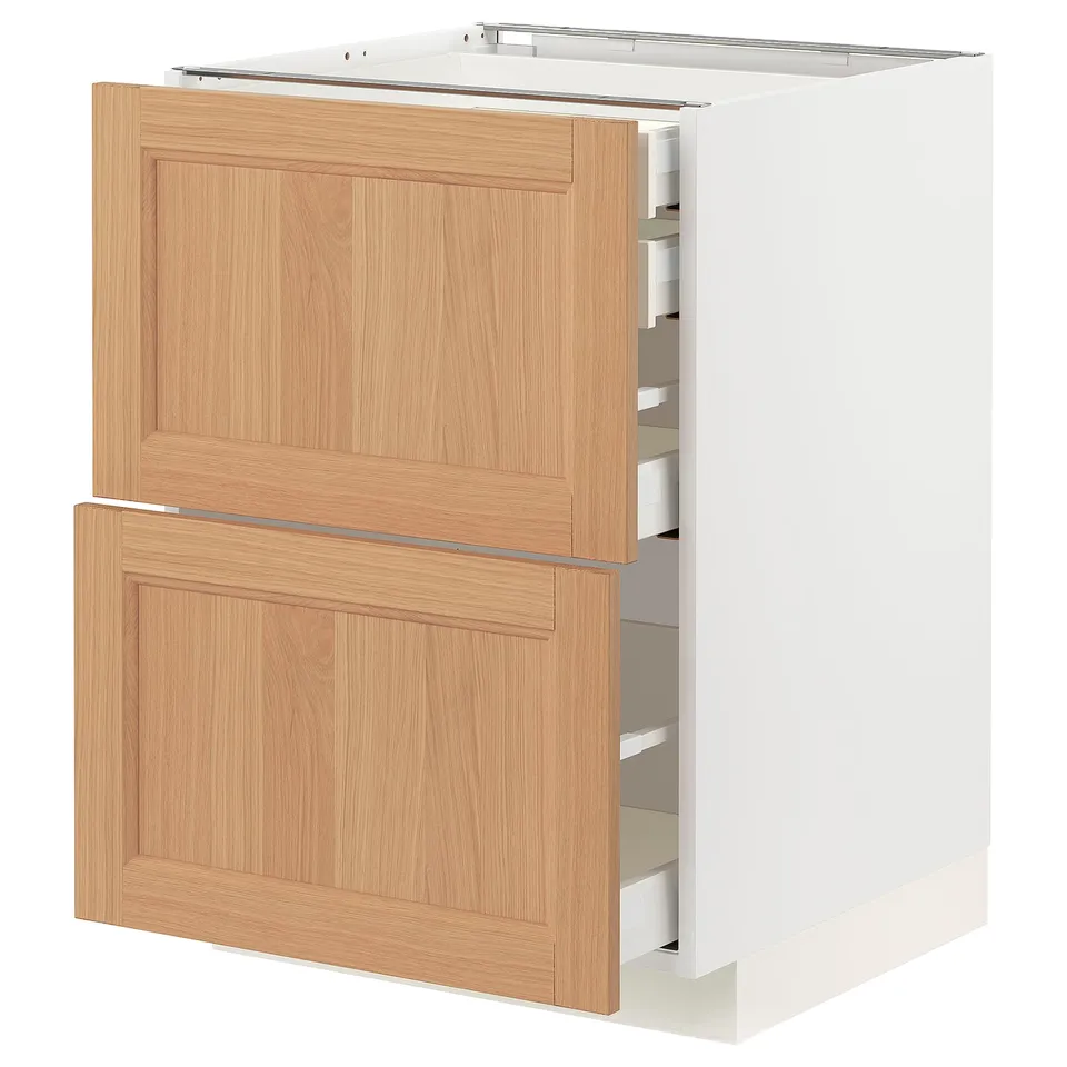Ikea METOD white cabinet with oak drawers, modern kitchen storage.