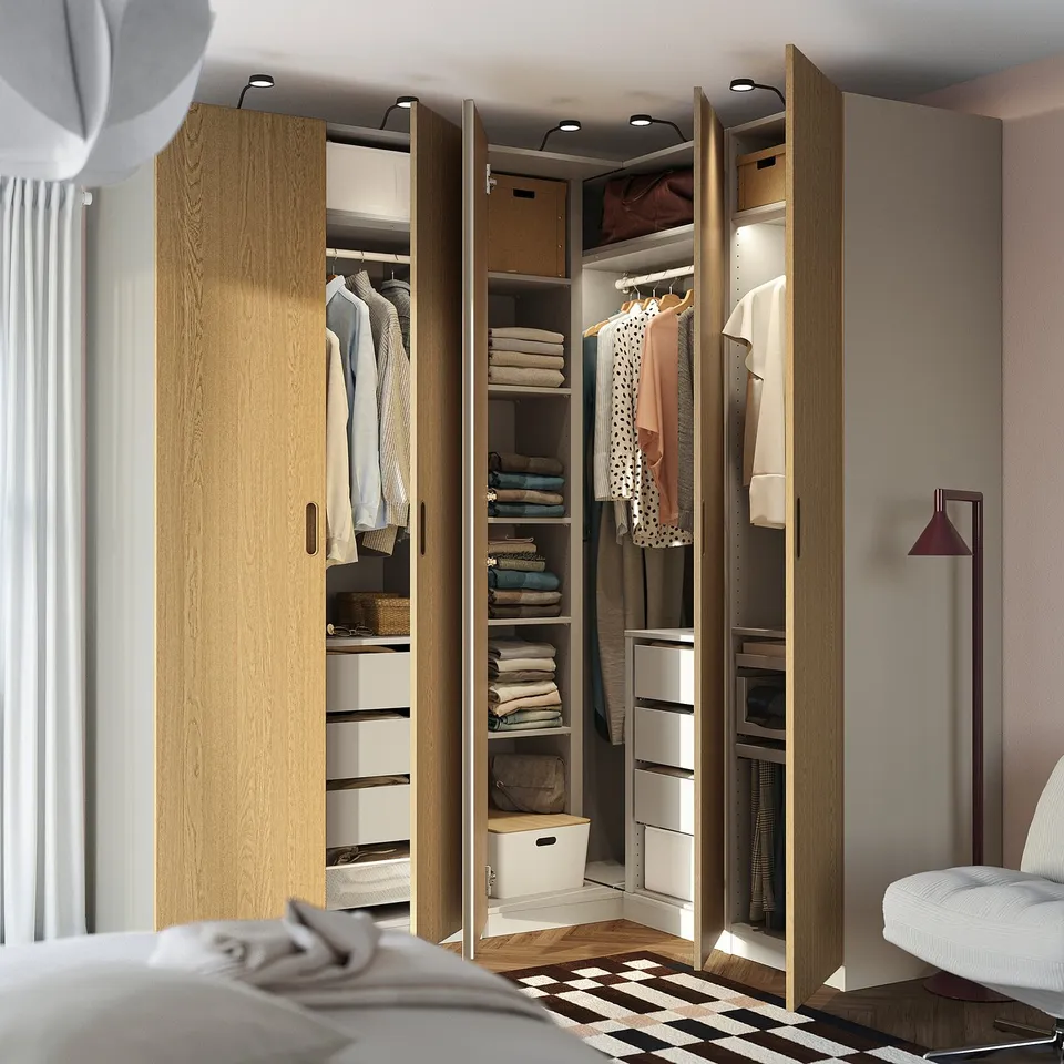 PAX / TONSTAD Corner wardrobe, grey-beige/grey-beige oak veneer, 231/161x236 cm