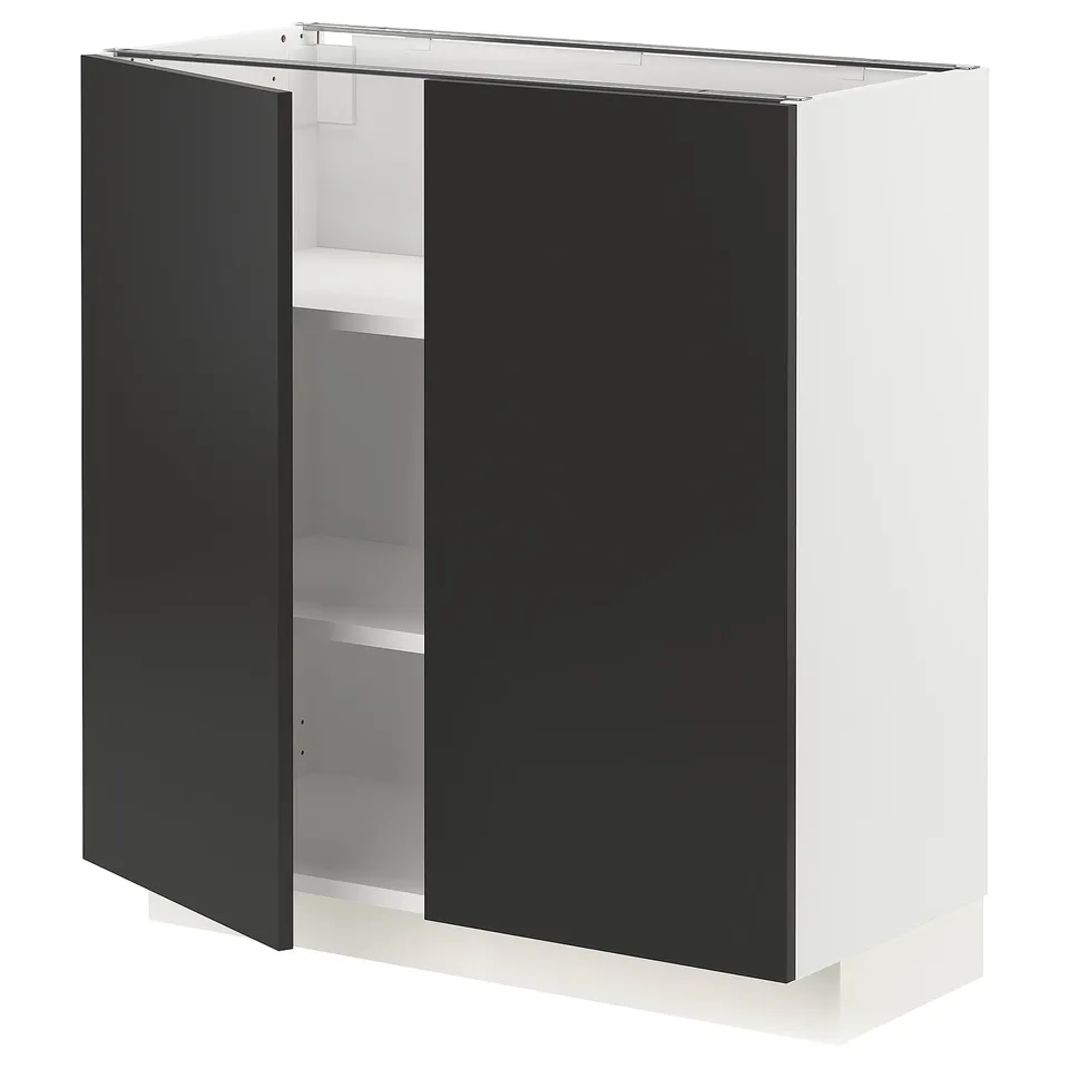 Black and white METOD kitchen cabinet with two doors and adjustable shelves. Modern design, sturdy particleboard construction.