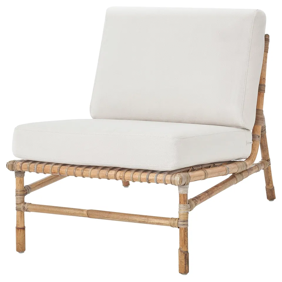 TVARÖ outdoor chair, white fabric & natural rattan, handwoven, single seat.