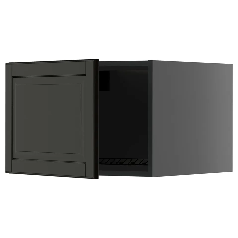 Black METOD kitchen cabinet with one open door, dark grey colour, rectangular shape, modern design.