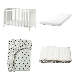 GRÖNFINK/KRUMMELUR/LENAST/SMÅGÖRA set: cot + foam mattress for cot + fitted sheet for cot + bumper pad, white + white/tree pattern + dotted/white grey, 60x120 cm