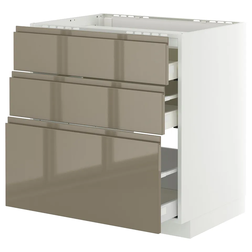 Modern kitchen unit, METOD, three gold-brown drawers, shiny finish, sleek and elegant.