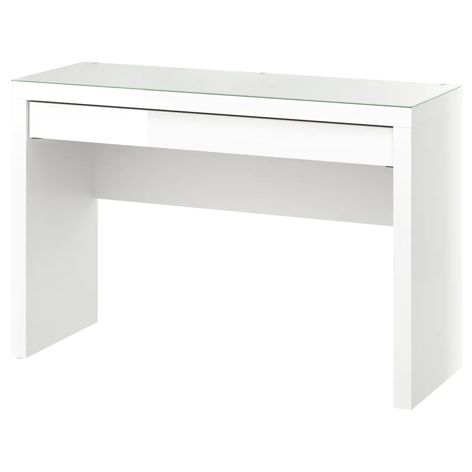 IKEA MALM white desk, rectangular with glass top, 2 legs.